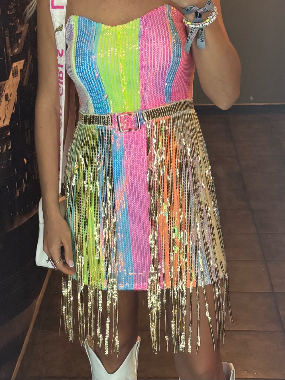 Rainbow Sequin Fringe Mini Dress with Gold Tassels